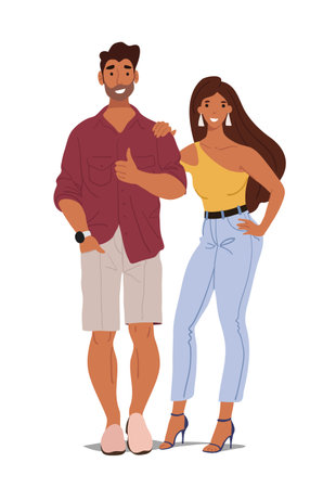 Modern happy couple on vacation, dating and romantic date, man shows like gesture, young modern students. Flat vector characters isolated on white backgroundのイラスト素材