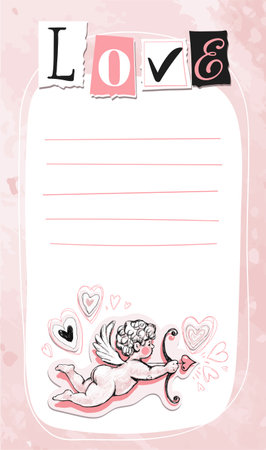Vintage card with cupid with copy space for text, word love. Valentine s day template design, anniversary invitation background. Flat vector illustration.のイラスト素材