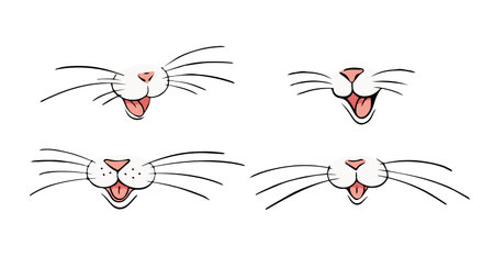 Happy cat face with nose, mustache and mouth set. Linear drawing of an animal s face, a mask for a children s party. Vector illustration isolated on white background.のイラスト素材