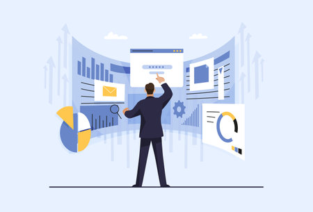 Data analysis, research charts and infographic diagrams for business, finance and economics. Businessman optimizes production strategy, manager plans company growth and development. Flat vector cartoon illustration.のイラスト素材