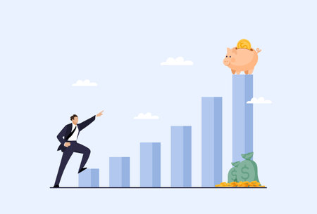 Businessman sets a goal about business development and income growth, man strives forward and upward on the growing graph to the piggy bank, banner. Flat vector illustration.のイラスト素材