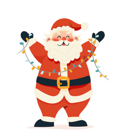 Santa Claus with garland in hands, cute character in vintage style, flat vector illustration, seasonal winter design.のイラスト素材