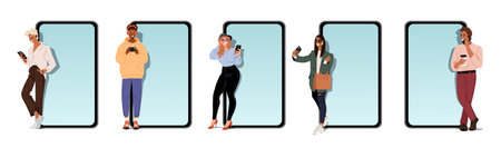 Group of young people standing with smartphones in front of large phone screens. Flat vector illustration. Digital communication and mobile lifestyle concept.のイラスト素材