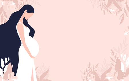 Pregnant woman with long hair in white dress on floral background. Flat vector illustration. Motherhood and maternity concept. Design for greeting, card, invitation, poster with copy spaceのイラスト素材
