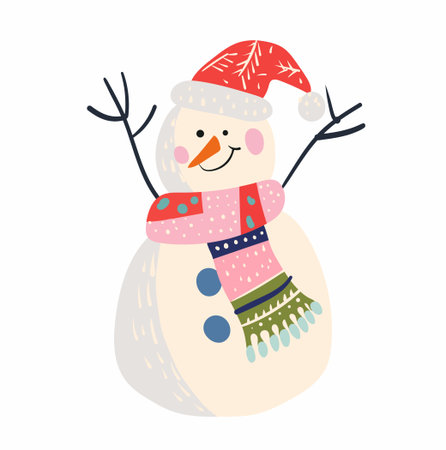 Snowman wearing Santa hat and colorful scarf. Flat cartoon illustration on white background. Christmas and winter holiday concept. Design for greeting, card, invitation, poster, printのイラスト素材
