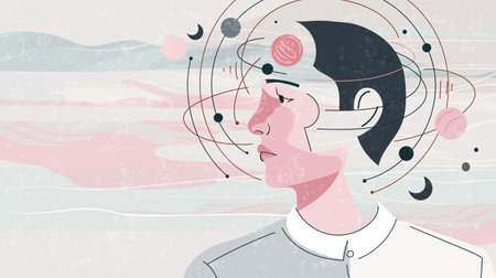 Concept of psychotherapy, science, self-analysis and imagination, thinking process. Side profile of a man with abstract planetary orbits around his head. Flat vector illustration.のイラスト素材