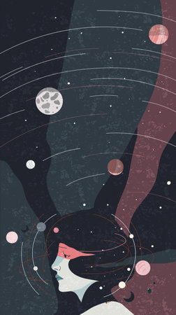 Astronomy or astrology concept. Female profile in starry outer space. Abstract surreal illustration in dark tones. Flat vector science illustration.のイラスト素材