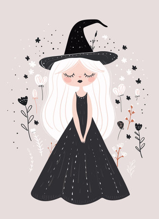 Halloween and fairytale concept. Cartoon girl with long white hair wearing black dress and pointed witch hat standing among flowers on light background. Vector illustration. Design for greeting card, invitation, poster, banner, print.のイラスト素材