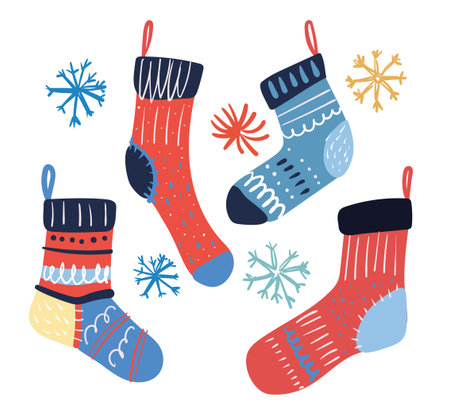 Christmas socks set. Flat cartoon winter holiday clothing element with patterns and ornaments. Vector illustration set of festive colorful socks, winter decor.のイラスト素材