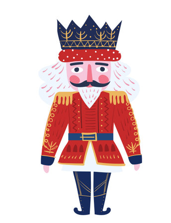 The Nutcracker King soldier in a red uniform and crown. Flat vector illustration of a Christmas...