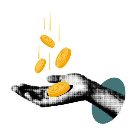 A trendy halftone collage element. A cut-out hand with money falling into it, a modern vector...