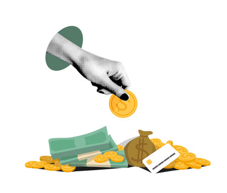 A hand holds a gold coin over a pile of cash, banknotes, and a credit card. Modern vector collage in halftone on a transparent background. Conceptual image of finance, investment, and savings.のイラスト素材