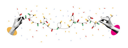 Hands holding string of colorful holiday lights with confetti on white background. Modern vector...