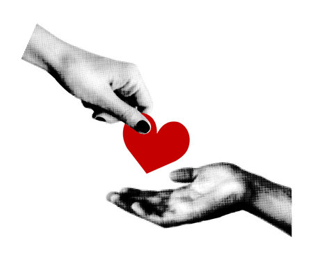 Two hands exchanging a red heart symbol. Black and white vector halftone illustration isolated on a...