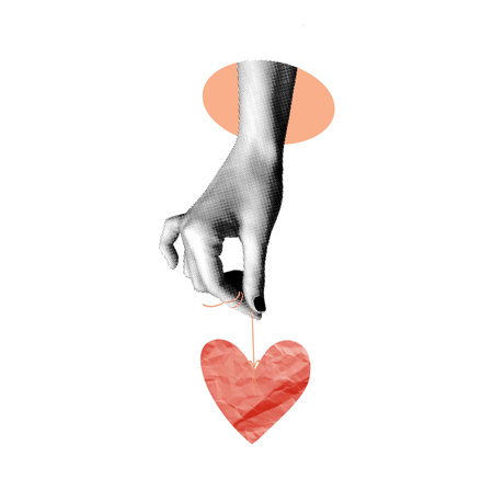 A hand holds a red heart on a string. A modern vector collage with a halftone hand and abstract elements. A love and romance concept for Valentine s Day card and poster designs.のイラスト素材
