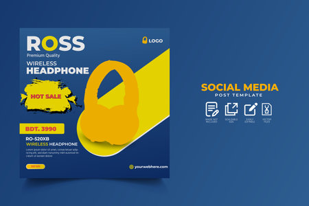 Blue and Yellow Headphone Social media product promotional banner post templateのイラスト素材