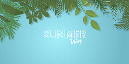 Tropical summer leaves background with jungle plants. Illustration of a green stationery with leaves on Light blue background.のイラスト素材