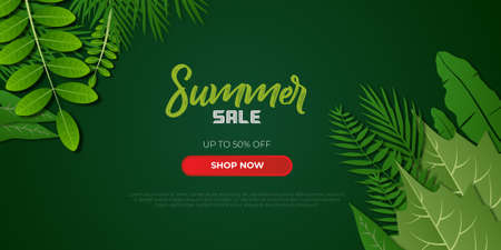 Beautiful summer sale background with Tropical green leaves. Vector illustration with tropical leaves in paper cut style on dark green background. exotic plants on a green background.のイラスト素材