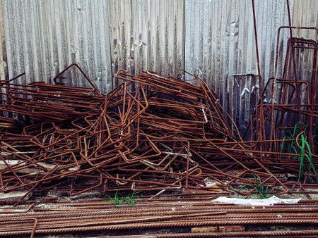 Rusted round steel. heap of the metallic building rubbish.の写真素材