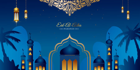 Eid Al Adha Mubarak greeting background Vector illustration, Beautiful mosque with Arabic lanterns and stars, Muslim community festival.のイラスト素材