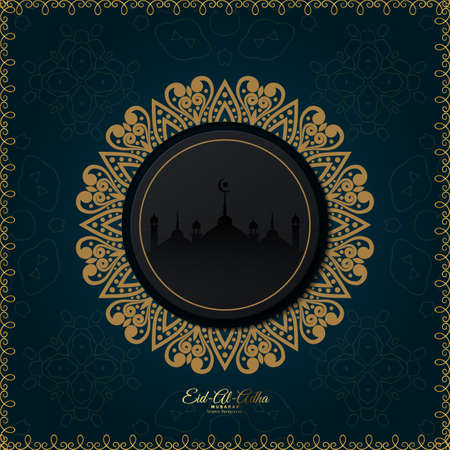 Abstract Eid Mubarak background with mosque silhouette in decorative gold mandala frame elegant golden text. Eid-al-Adha greeting, vector illustration.のイラスト素材