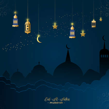 Eid Al Adha Mubarak greeting Night sky with crescent and lantern and stars. Mosques Dome on dark blue twilight sky.のイラスト素材