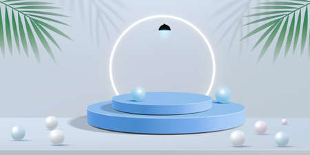 Abstract minimal scene on blue pastel background with cylinder podium and leaves. Abstract Background Scene 3d Render for product advertise.のイラスト素材