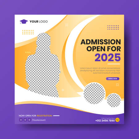 School admission Back to school promotion social media post template collection. Modern banner template with a purple and yellow background color.のイラスト素材