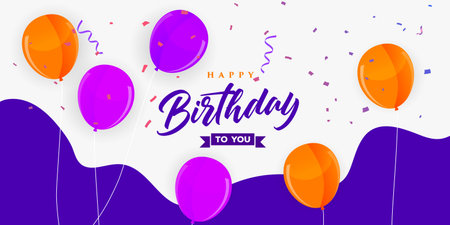 Happy birthday background with realistic orange and purple air balloon on white background with text and glitter confetti.