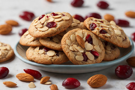 homemade chocolate chip cookie placed on a rustic wooden tableの素材