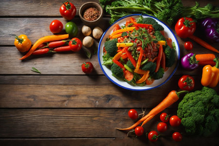 a healthy vegetarian salad with an array of fresh organic vegetables artfully arranged on a wooden plate.の素材