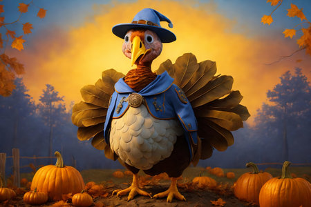 an illustration of a cartoon turkey wearing a blue pilgrim hat with a gold buckle.の素材