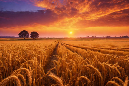 a golden wheat field in the countryside at sunsetの素材