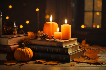 a cozy autumnal scene with pumpkins, books and candles.の素材