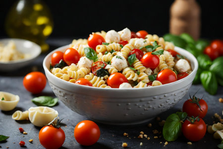 a bowl of pasta salad with farfalle pasta, cherry tomatoes, mozzarella balls, and basil leaves.の素材