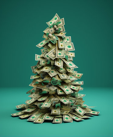 illustration of a Christmas tree made of green money bills on a white background.の素材