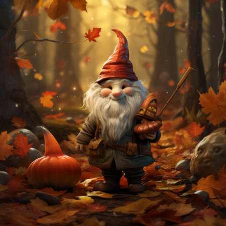 a gnome holding a pumpkin, autumn leaves scattered aroundの素材