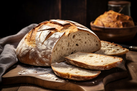 freshly baked bread on a wooden cutting boardの素材