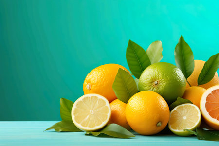 Food Photography of a vibrant collection of citrus fruits, including oranges, lemons, and grapefruits.の素材