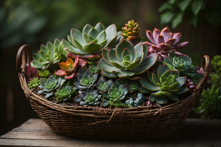 Close-up Photography of a collection of succulent plants arranged in a charming wicker basket.の素材