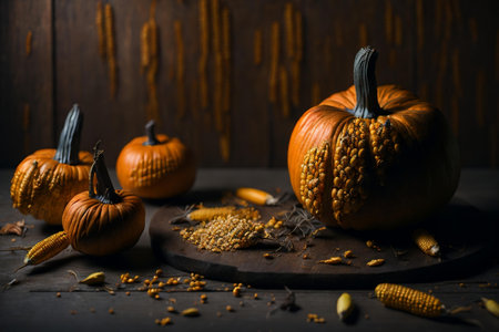 photo of autumn decorations and autumn leaves on a wooden table with a wood grain textureの素材