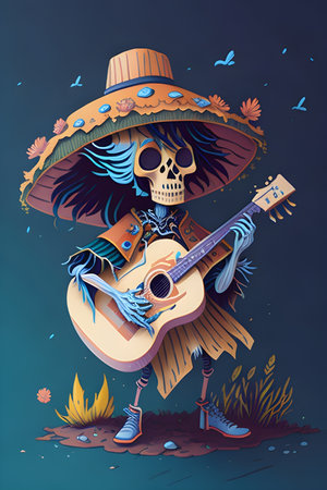 Mexican skull with hat and guitar. Vector illustration in cartoon style.の素材