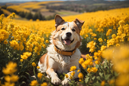 a dog is sitting peacefully in a field of vibrant yellow flowersの素材