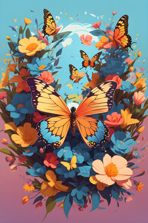 A detailed illustration of a butterfly with flowers, a circular banner above the butterfly.の素材