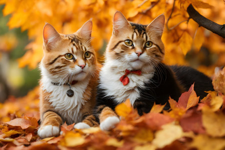 two playful cats in a vibrant autumn setting, surrounded by a colorful carpet of fallen leaves.の素材