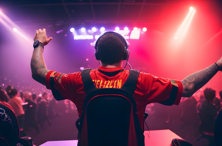 eSports gamer, experiencing joy and satisfaction after a hard-fought victory.の素材