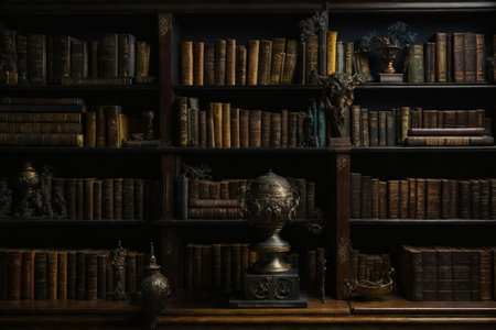 a bookshelf with many old books.の素材