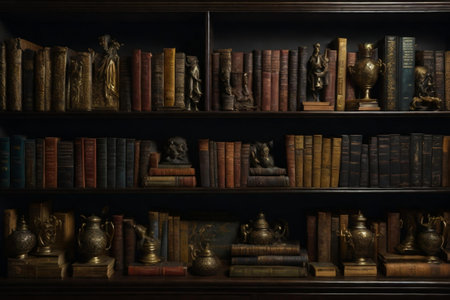 a bookshelf with many old books.の素材