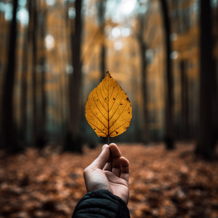 a hand holding a yellow leaf in a forestの素材