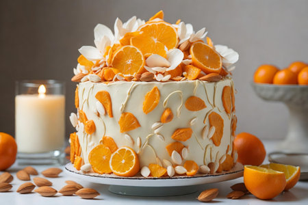 Delicious sweet cake with orange and almond petals on grey wooden tableの素材